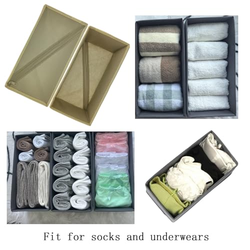 Bructhun Sock Drawer Organizer 3 Pack - Collapsible Fabric Storage Bins for Underwear Divider, Small Closet Organizers with 3 Compartments, Khaki - color: Khaki