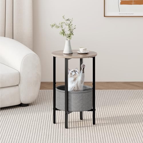 Vagusicc Round Side Table End Table with Storage Basket, Small Side Table Round Nightstand for Small Spaces, Tall Oval End Table with Steel Frame, Coffee Bedside Table for Living Room Bedroom, Greige - color: Greige