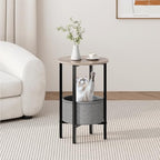 Vagusicc Round Side Table End Table with Storage Basket, Small Side Table Round Nightstand for Small Spaces, Tall Oval End Table with Steel Frame, Coffee Bedside Table for Living Room Bedroom, Greige - color: Greige