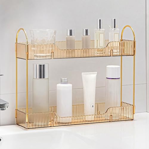 YCIA&DONE 2 Tiers Narrow Vanity Makeup Organizer, Bathroom Organizers Countertop Slim, Perfume Holder Skincare Storage Cosmetic Shelf Spice Rack, for Small Desktop Counter Space, Amber Gold - color: Amber Gold
