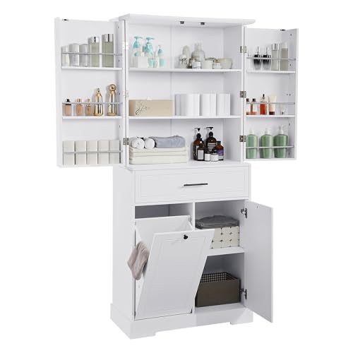 Virubi Tall Laundry Cabinet with 2 Tilt-Out Hampers and Drawer Wood Tall Laundry Storage Cabinet with Adjustable Shelves, for Bathroom Storage Organization, Freestanding(White) - color: White, size: 31"x16"x71.7"
