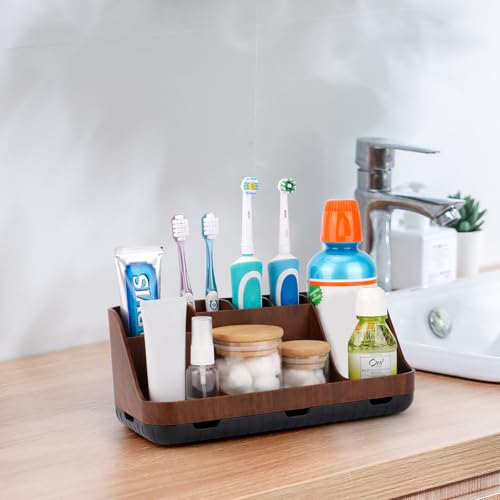 GFWARE Wood Toothbrush Holders for Bathrooms Countertop Organizer - Detachable 7 Slots Kid Bathroom Decor and Accessories, Wooden Bathroom Sink Storage Organization, Caddy, Tray, Brown - color: Wood Brown