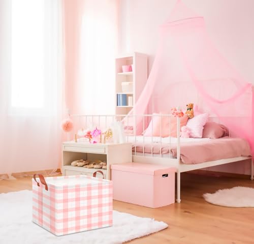 CLOCOR Rectangular Storage Basket,Collapsible Cute Pattern Storage Bin,Waterproof Books Box with Handles,Gift Basket(Pink Grid) - color: Pink Grid