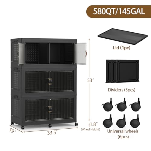 SAILUN 145Gal/579Qt Stackable Storage Bins Folding Collapsible Storage Bins with Lid, Closet Organizers and Storage Box with Door Black 33.5" W x 19" D x 53" H - color: Black, size: 1 Lid 3 Pack-33.5" W x 19" D x 53" H