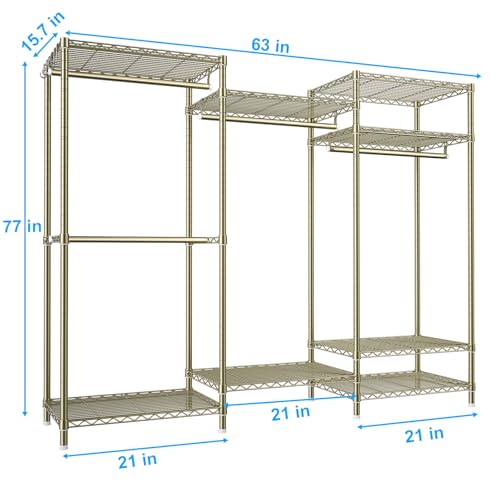 Ulif E13 Heavy Duty Clothes Rack（With 4 Hanger Rods & 8 Shelves） Freestanding Clothing Racks for Hanging Clothes，Adjustable Closet Organizer，Metal Garment Rack 63" W x16 D x77 H，Max Load 900LBS，Gold - color: Gold, size: E13