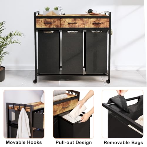 Timberer Laundry Hamper, Laundry Sorter 3 Section, Rolling Laundry Basket with Wheels, 3 Drawers, 3 × 14.5 Gal (55 L), Pull-Out and Removable Oxford Fabric Bags, Black and Rustic Brown - color: Black + Rustic Brown, size: 3 Bags (40.7"L x 12.9"W x 39.8"H)