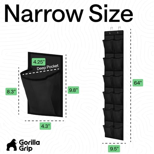 GORILLA GRIP Over the Door Shoe Organizer, 12 Large Breathable Mesh Pockets, Space Saving Hanging Storage Holder, 2 Hook Closet Rack Hanger, Hangs on Closets for Shoes, Accessories, 64H x 9.5W Black - color: Black, size: 12 Pockets/2 Hooks