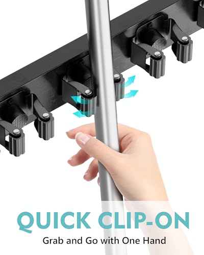 Mop and Broom Holder Wall Mount, No Drill Over the Door Broom and Mop Holder with 4 Slots and 4 Hooks, Wood Tool Hanger for Laundry, Cabinet, Kitchen, Garage - color: Black