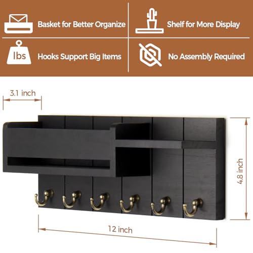 RelaxScene Key Holder Wall Mount - Decorative Key Rack and Mail Organizer with 6 Key Hooks - Wooden Key Hanger with Shelf for Living Room Decor - Rustic Farmhouse Home Entryway Aesthetic Essentials - color: Black, size: M(12''x4.8'')