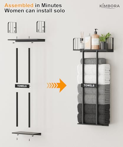 KIMBORA Towel Racks for Bathroom with Top Towel Shelf Hold 8 Large Rolled Towels, 36" Wall Mounted Bathroom Towel Storage Organizer for Small Bathroom, Camper, Rv (Black)