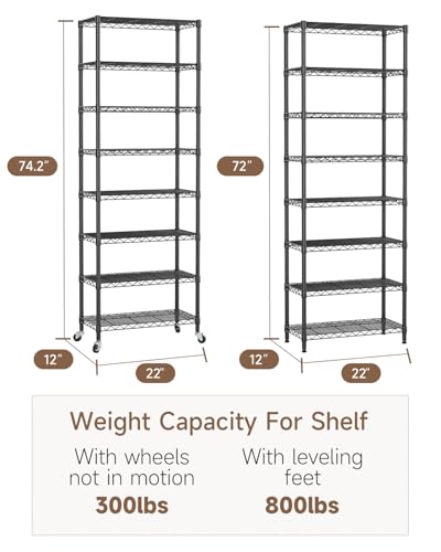Golpart 8 Tier Shelves Storage Shelf Wire Closet Bathroom Organizers Metal Pantry Kitchen Garage Shelving Unit Laundry Room Organization Home Rack Net Basket Black with Wheels 12”D X 22”W X 74.2”H - color: Black, size: 8 shelves (12 "D X 22 "W X 74.1 "H)