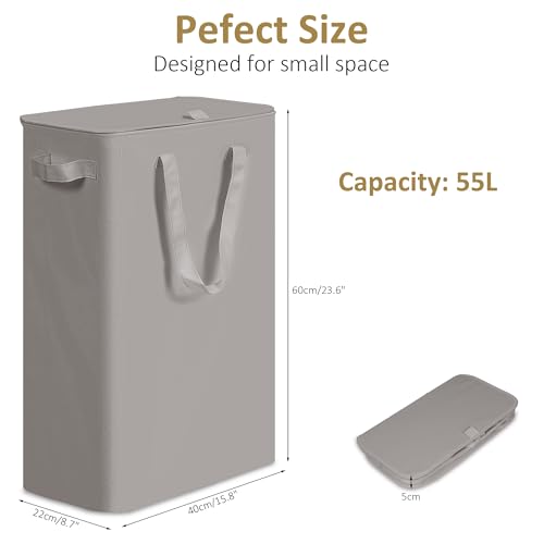 efluky Slim Laundry Basket with Lid, Narrow Laundry Hamper with Handles, Collapsible Dirty Clothes Hamper, Tall Laundry Bin for Laundry Room, Dorm and Bedroom, 55L Grey - color: Grey, size: 55L with Lid
