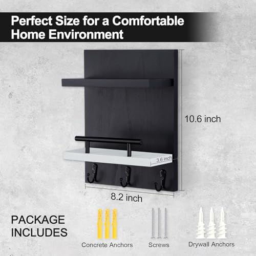 Key Holder Wall Mount, Key Holder With 2 Display Shelf, 3 Hooks for Key, Coat, Dog Leash, Key Hanger with Hook for Mail, Potted Plant, Farmhouse Mail Holder, Entry Way Organizer (Black & White) - color: Black & White