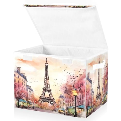 xigua Watercolor Paris Storage Bins with Lids and Carrying Handle,Foldable Storage Boxes Organizer Containers Baskets Cube with Cover for Home Bedroom Closet Office - color: Watercolor Paris