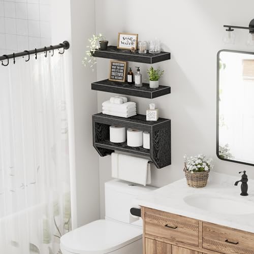 QEEIG Bathroom Floating Shelves for Wall - Shelf Over Toilet Paper Storage Farmhouse 16 inch Set of 3, Black (028-40B3) - color: Black