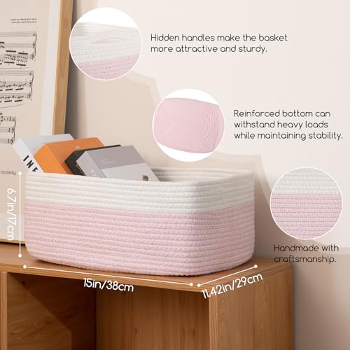 OIASKET Storage Baskets for Organizing 3 Pack, Woven Baskets for Shelves, Closet Organizer Bins Empty Gift Basket Toy Storage for Toys, Books, Towels, Clothes, 15"x11.42"x6.7", Pink - color: Pink
