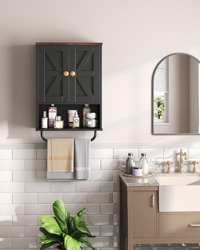 CHOEZON Bathroom Wall Cabinet, Medicine Cabinet with Open Partition and Towel Bar, Rustic Storage Cabinet with Open and Hidden Storage Space, for Bathroom, Living Room, Kitchen, Black and Walnut - color: Black and Walnut, size: 7.1"D x 15.4"W x 24.4"H