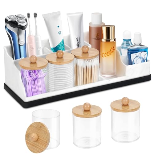 Bathroom Organizer Countertop, White Silicone Toothbrush Holders for Bathrooms with 3PCS Qtip Holder Dispenser, Toothbrush and Toothpaste Holder for Bathroom Counter Organization Storage Vanity - color: White Black With 3pcs Dispenser