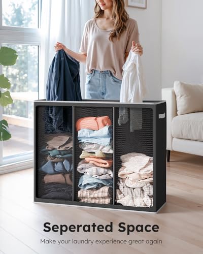 SOLEDI 180L Laundry Hamper 3 Section, Extra Large Laundry Hamper with Lid, Dirty Clothes Hamper with Sturdy Handle, Large Laundry Basket Organizer for Laundry Room, Bedroom, Hampers for Laundry - color: Black, size: 180L