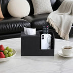 Square Tissue Box Cover with 2 Compartments Storage Organizer, PU Leather Tissue Box Holder with Remote Control Holder for Livingroom Nightstand, Multifunctional Cube Tissue Holder (Black) - color: Black