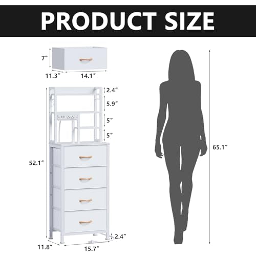 Furnulem Tall Night Stand, 52.1 Inch LED Nightstand with Charging Station and USB Ports, 4 PVC Fabric Drawers and 4 Tier Storage Shelf, Bedside Table for Bedroom, Dorm, Office (White) - color: White, size: 4 Drawer