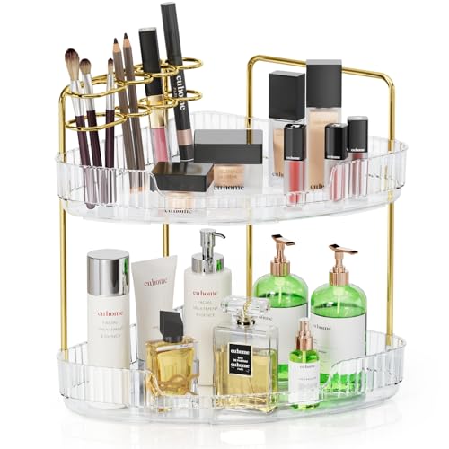 EUHOME 2-Tier Corner Bathroom Organizer Counter - Acrylic Makeup Skincare Organizer with Brush Holder, Perfume Tray for Countertop, Vanity, Dresser, Kitchen（Clear） - color: Clear, size: 9" x 9" x 11.8"