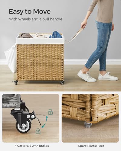 SONGMICS Laundry Hamper with Lid, 37 Gallons (140 L), Rolling Laundry Basket with Wheels, 3-Section Synthetic Rattan, Removable Liner, Bedroom, 26 x 13 x 26 Inches, Natural ULCB363N01 - color: Natural, size: 140 L