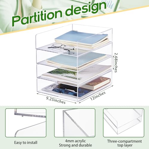 Harloon 4 Tier Paper Organizer Letter Tray Acrylic Desk File Organizer Heavy Duty Stackable Documents Clear Letter Paper Holder Sorter Office Tray for A4, Office Classroom Home File Pad Notebooks - color: Transparent, size: 12 x 9.3 x 2.7 Inches
