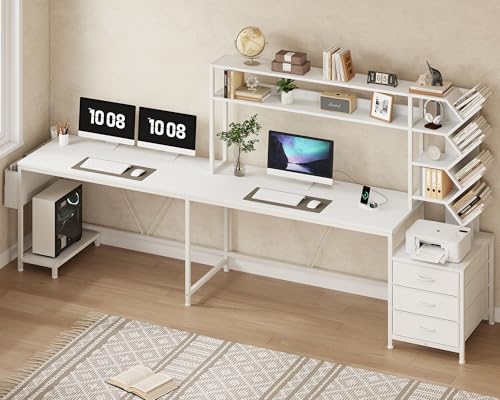 YOMILUVE L Shaped Desk with Hutch, Reversible Computer Desk with Drawers and Bookshelf, Home Office Desks with Storage Shelves for Bedroom Home Office, White - color: White