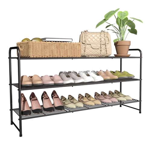 3-Tier Long Metal Shoe Rack,Extra Large Capacity Adjustable Stackable Shoe Organizer Shelf for Closet Entryway,Bronze 42" W × 24.5" H - color: 3-tier Bronze, size: 3-Tier Long