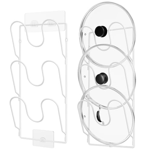 ORDORA 2 Pack Pot Lid Organizer Rack for Cabinet Door, 6-Tier Pot Lid Holders inside Cabinet, No Drilling Adhesive Wall Door Mounted Rustproof Pots and Pans Cover Organizers for Kitchen Storage, White - color: White