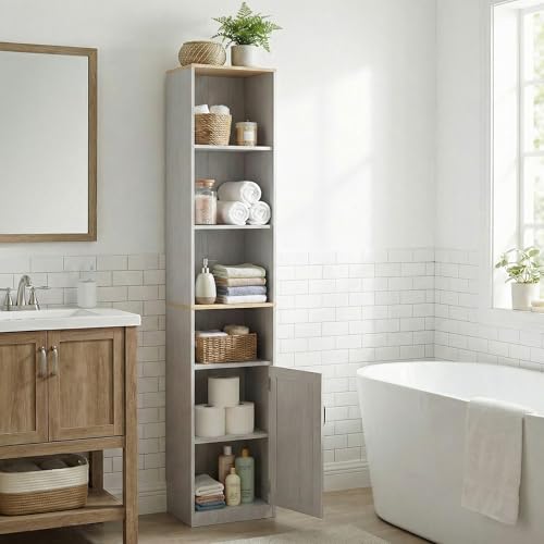 Casaphoria Space-Saving 72" Tall Narrow Bathroom Storage Cabinet, 6-Tier Slim Storage Cabinet with Adjustable Shelves, Anti-Tip Freestanding Display Shelf for Small Spaces, Apartments,White - size: 9.44"L×11.8"W×72.04"H
