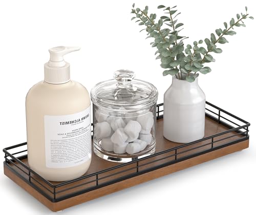 Bathroom Tray for Counter Top Organizer – Oak Wood Vanity Tray with Metal Frame for Dresser, Kitchen, Nightstand – Black & Brown Decorative Storage - color: Black & Brown, size: 11" x 4.5" x 1.5"