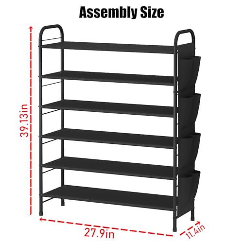 SUOERNUO Shoe Rack Storage Organizer for Entryway Closet Bedroom 6 Tier Free Standing Metal Shoe Shelf Compact Shoe Organizer with Side Bag,Black - color: Black, size: 6 Tier