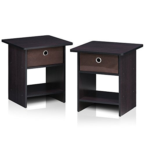 Furinno Dario End Table / Side Table / Night Stand / Bedside Table with Bin Drawer, 2-Pack, Dark Walnut - color: Dark Walnut, size: 2-Pack, Upper Bin