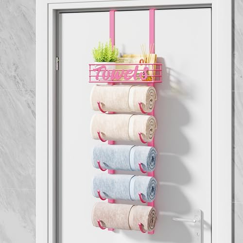 HapiRm Towel Racks for Bathroom Storage - 6 Tier Over The Door & Wall Mount Rolled Towel Storage Organizer Holder with Metal Shelf Basket for Small Bathroom, Camper, Rv - Pink, Patented - color: Pink, size: 6-Tier