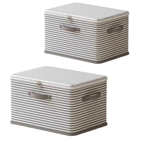 Foldable Storage Containers, Beige Striped Fabric Boxes with Lids, Stackable Closet Organizer Bins for Bedroom, Clothing Storage (Gray, XXL) - color: Gray, size: XXL