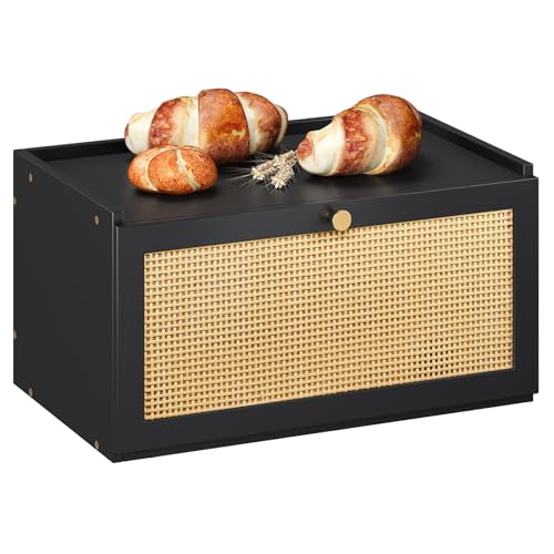Trironsun Rattan Bamboo Bread Box for Kitchen Counter Large Capacity Bread Storage Bin Farmhouse Bread Storage Container Rustic Bread Holder (Black) - color: Black