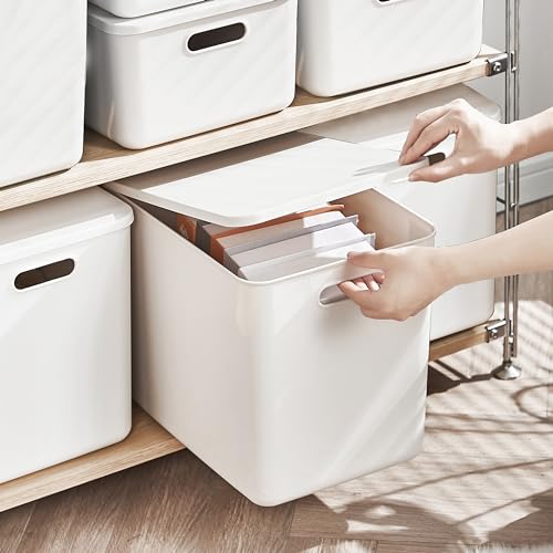 5 pack large plastic White storage bins with Lids, Toy Box Chest with Handle，Organizer Containers Baskets for Baby,Nursery，Shelves，Playroom, Bedroom，Office,Closet，home (White, 5L) - color: White, size: Set of 5 Large