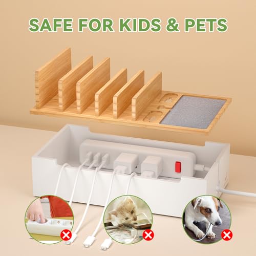Pezin & Hulin Bamboo Cable Management Box, Wire Organizers for Cords, Charge Station Box, Desktop Dock Organizer Rack for Electronic Device (Include 6 Cables)(No Power Adapter) -Natural + White - color: Natural + White (No Charger)