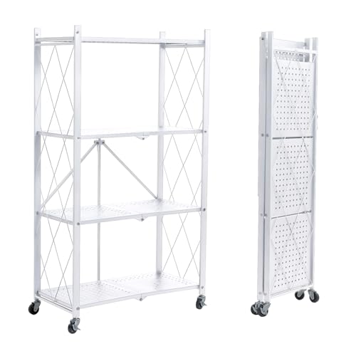 BRIAN & DANY 4-Tier Foldable Storage Shelves with Wheels, Folding Metal Rack Shelving Unit, Heavy Duty No Assembly Organizer Shelf for Garage, Kitchen, Pantry, White - color: White, size: 4-tier