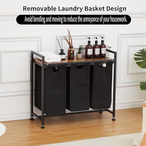 Laundry Hamper with Shelf, Laundry Basket 3 Section, Laundry Sorter, Cloest Storage and Organization, Clothes hamper with Table, for Bathroom, Bedroom, Restroom, Black - size: 33.2 x 13 x 28.4 Inches