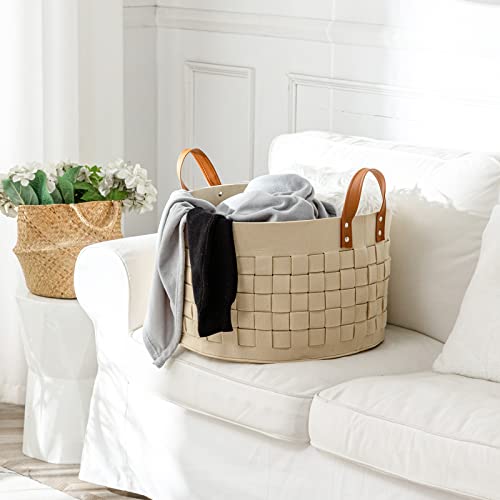 Blanket Basket, BOLDMONKEY 20"x 20"x13" XXLarge Woven Felt Laundry Baskets with Handle Nursery Storage Living Room Round for Toy, Clothes, Kids, Bedroom(Khaki) - color: Khaki