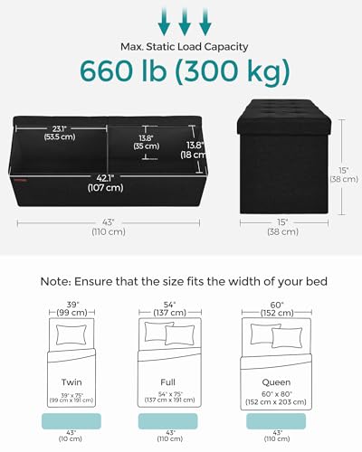 SONGMICS MAZIE Collection - 43 Inches Folding Storage Ottoman Bench, Ottoman Foot Rest, End of Bed Bench, Storage Chest, Load 660 lb, for Living Room, Bedroom, Entryway, Ink Black ULSF077B01 - color: Ink Black, size: 15"D x 43"W x 15"H