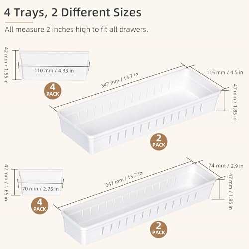 Desk Drawer Organizer Tray 4 PCS Plastic Office Drawer Organizer Bins Junk Organizer Divider with Non-Slip Silicone Pads, Makeup Vanity Organizer for Drawer, White - style: Adjustable
