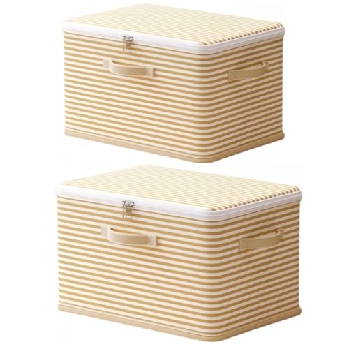 Foldable Storage Containers, Beige Striped Fabric Boxes with Lids, Stackable Closet Organizer Bins for Bedroom, Clothing Storage (Yellow, XXL) - color: Yellow, size: XXL