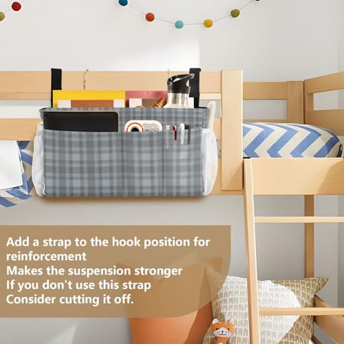 Bedside Caddy Hanging Bunk Bed Caddy Bed Organizer Hanging Pocket with 2 Hooks Bedside Storage Organizer Pocket Bag Holder Grey Plaid - color: Grey Plaid
