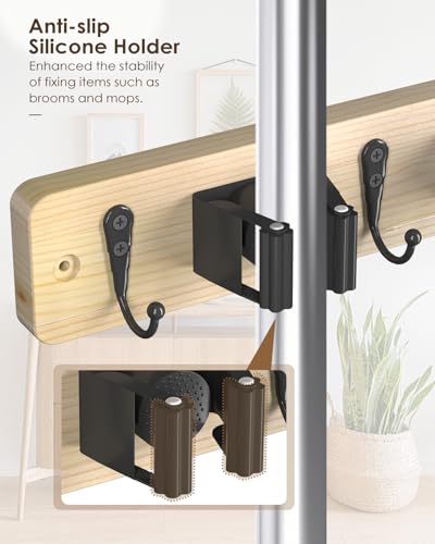 Broom Holder Wall Mounted, Light Wood 4 Holders and 4 Hooks Mop Holder, Wooden Mop and Broom Holder with Anti slip rubber, Natural pine wood Brush Holder, Mop Wall Holde with Nail installation - color: Light Wood, size: 1 Pack