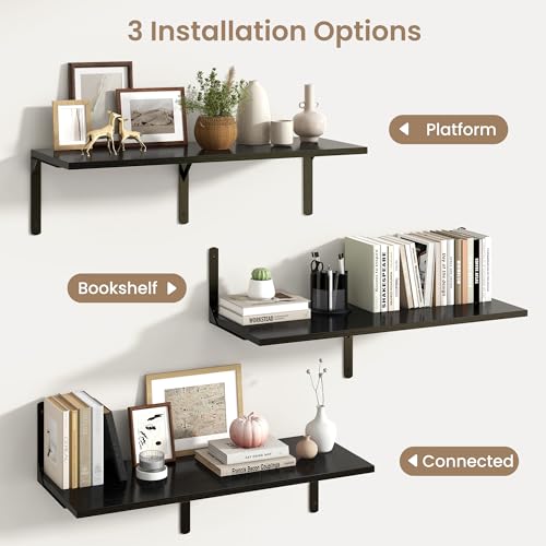 Fun Memories Floating Shelves for Wall, 12 Inch Deep Floating Shelves Set of 2, Wall Mounted Shelf with Metal Brackets, Rustic Wood Wide Shelf for Bathroom, Kitchen and Living Room, Black, 36W x 12D - color: Black- L Bracket, size: 36"W x 12"D