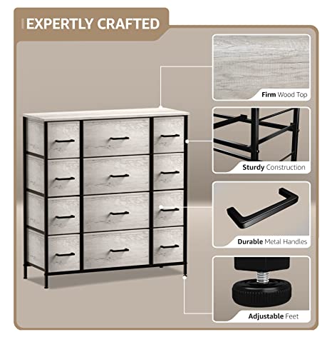 Sorbus Dresser with 12 Faux Wood Drawers - Large Storage Chest Organizer Unit with Steel Frame, Wood Top, Easy Pull Fabric Bins for Bedroom Furniture, Hallway, Living Room, Nursery, Closet & College - color: Greige, style: 12 Drawer